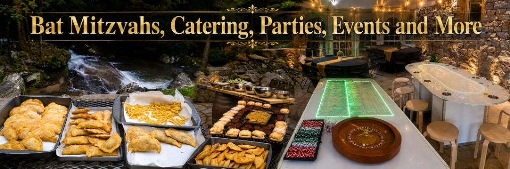 Outdoor event collage with empanadas, fries, pastries, roulette, and casino-style tables
